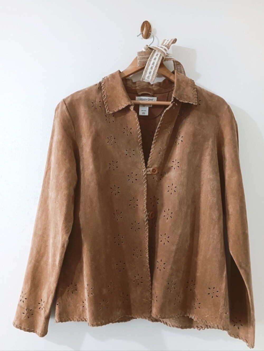 Vintage Coldwater Creek Walnut Tan Brown Leather Laser Cut Button Front Jacket
